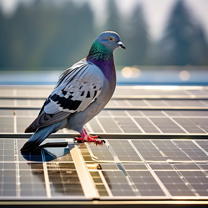 Pigeon perched on a residential solar panel array