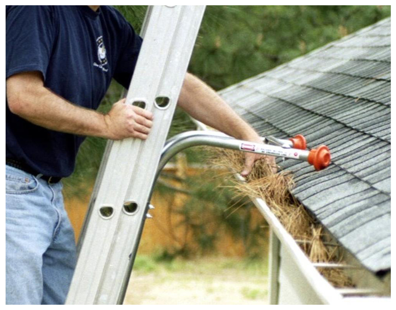 Technician on a ladder pulling pine needles out of a gutter by hand
