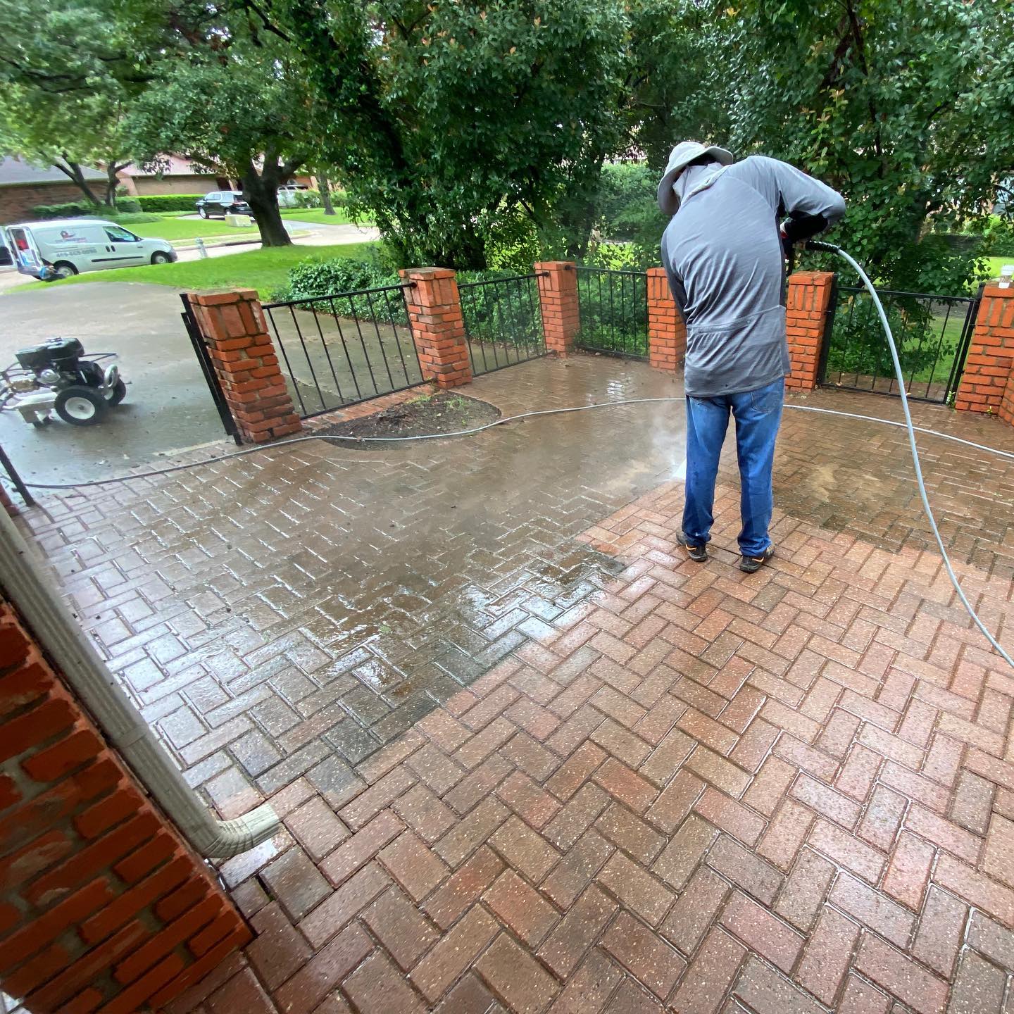 Before-and-after result of power-washed brick steps in Vacaville