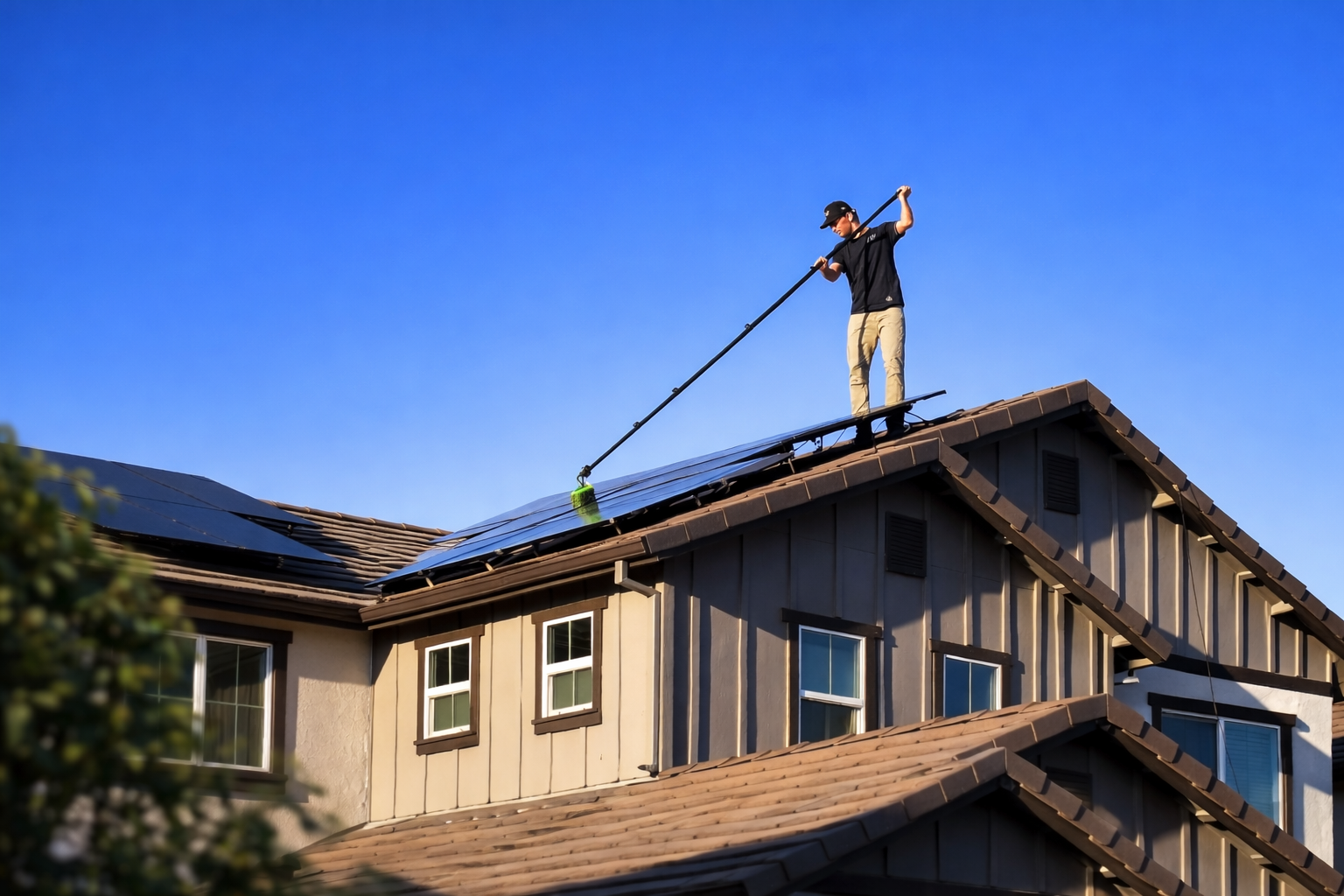Perfect Pane technician cleaning a residential rooftop solar array with a water-fed pole
