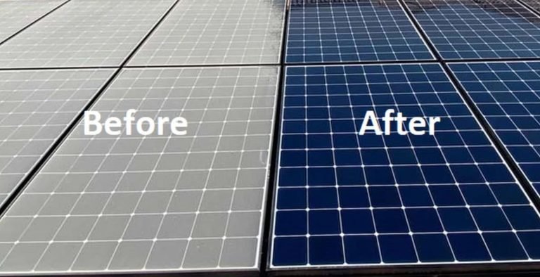 Before and after of a Vallejo solar panel array cleaned by Perfect Pane