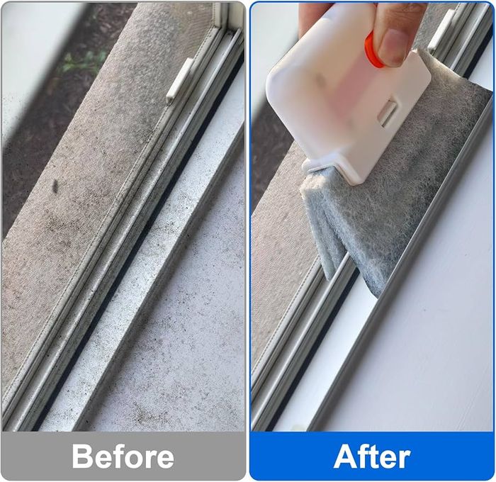 Before and after of a window track cleaned spotless