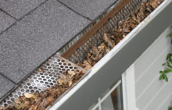Leaves and debris piled on an unprotected gutter, showing why guards help